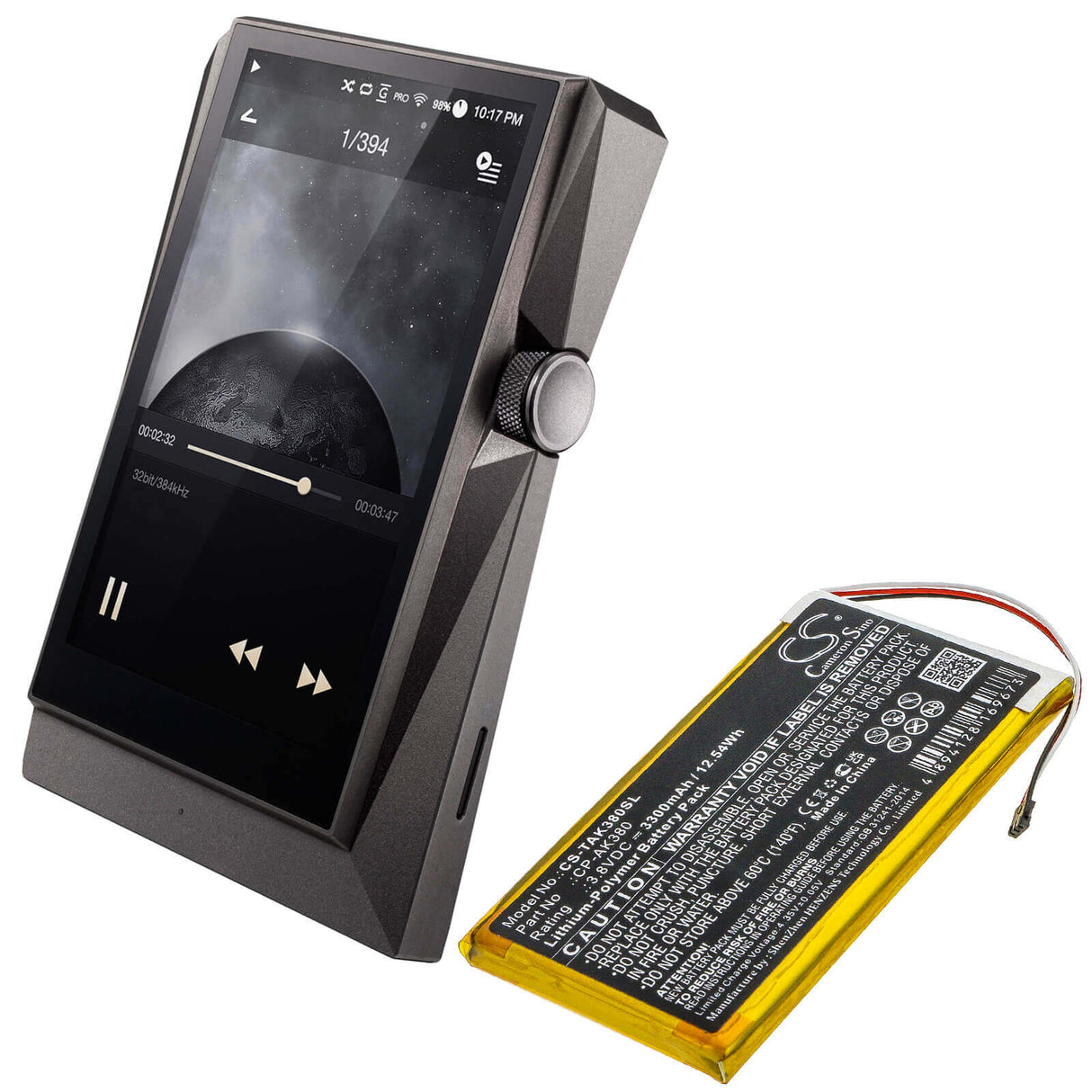 3.8V, Li-Polymer, 3300mAh, Media Player battery fits Astell&kern, Cp-ak380, Ak300, Ak380, 12.54Wh Media Player Cameron Sino Technology Limited