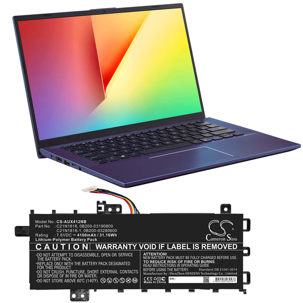 Notebook Battery For Asus, A412fa, A412ua, A412ub 7.6v, 4100mah - 31.16wh Notebook, Laptop Cameron Sino Technology Limited