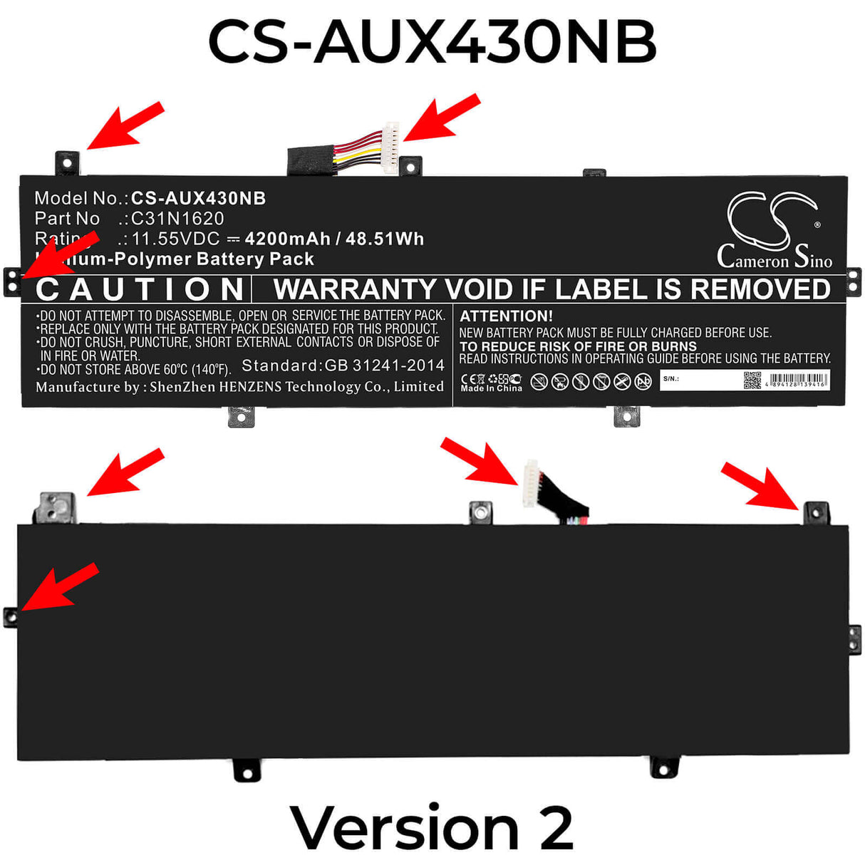 Battery For Asus, Bx430, Bx430ua, Bx430uq 11.55v, 4200mah - 48.51wh Notebook, Laptop Cameron Sino Technology Limited
