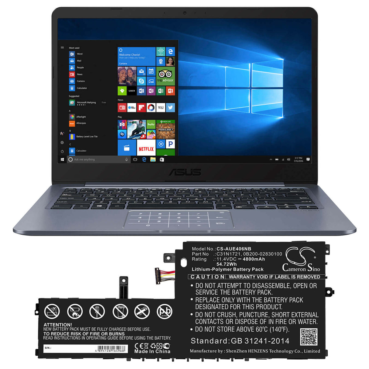 Battery For Asus, E406ma, E406ma-0073gn5000, E406ma-0091bn5000 11.4v, 4800mah - 54.72wh Notebook, Laptop Cameron Sino Technology Limited