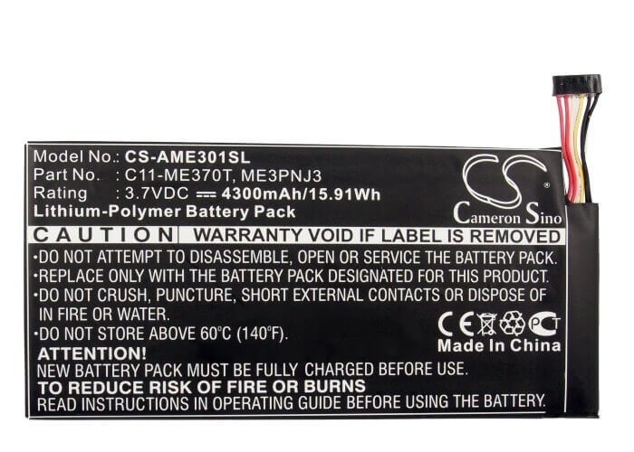 3.7V, Li-Polymer, 4300mAh, Tablet battery fits Google, Asus, 0b200-00120100m-a1a1a-219-17qe, Me370t, Memo Pad Me370t, 15.91Wh Tablet Cameron Sino Technology Limited