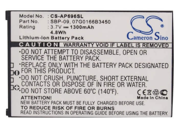 3.7V, Li-ion, 1300mAh, PDA battery fits Asus, 07g0166b3450, Mypal A626, Mypal A686, 4.81Wh PDA, Pocket PC Cameron Sino Technology Limited