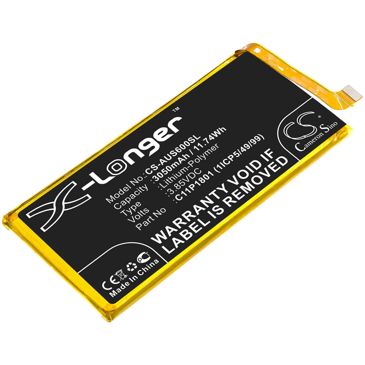 3.85V, Li-Polymer, 3050mAh, SmartPhone battery fits Asus, 0b200-03010300, Rog Phone, Zs600kl, 11.74Wh Mobile, SmartPhone Cameron Sino Technology Limited (Smartphone)