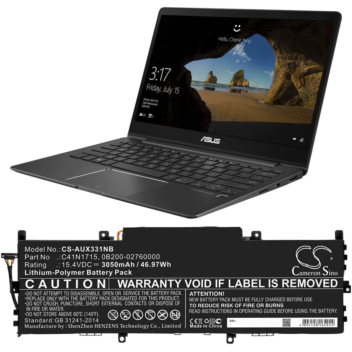 Battery For Asus, U3100fn, U3100un, Ux331fn 15.4v, 3050mah - 46.97wh Notebook, Laptop Cameron Sino Technology Limited