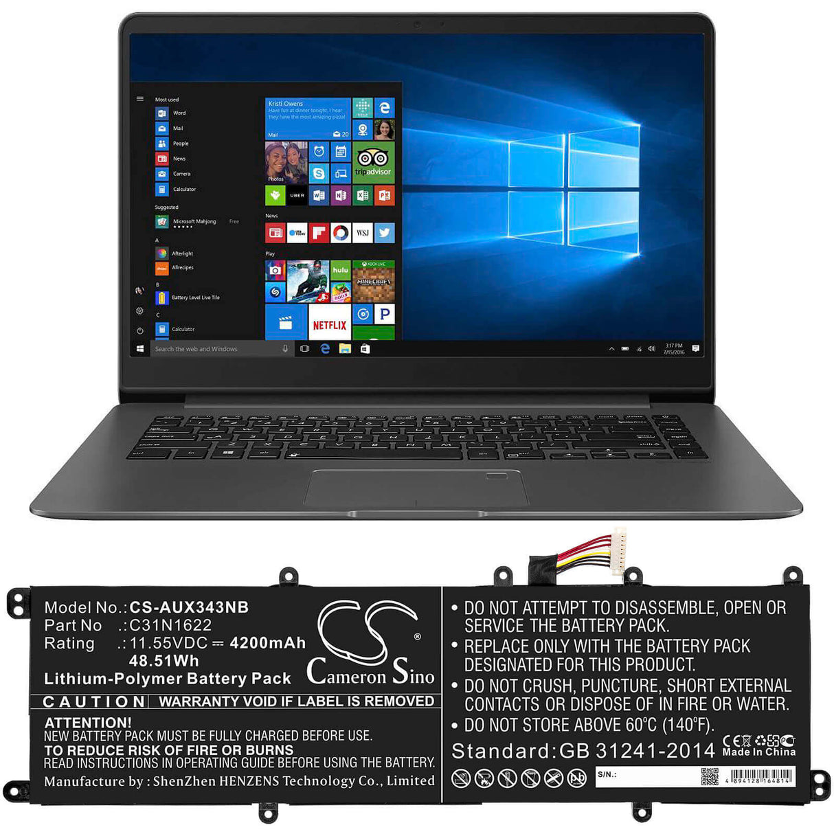 Battery For Asus, Ux530, Ux530uq, Ux530uq-0021a7200u 11.55v, 4200mah - 48.51wh Notebook, Laptop Cameron Sino Technology Limited