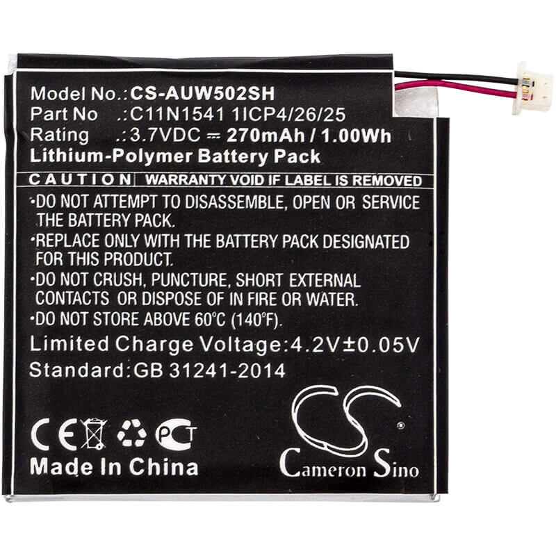 3.7V, Li-Polymer, 270mAh, Smartwatch battery fits Asus, 0b200-01760100, Wi502qf, Zenwatch 2, 1.00Wh Smartwatch Cameron Sino Technology Limited