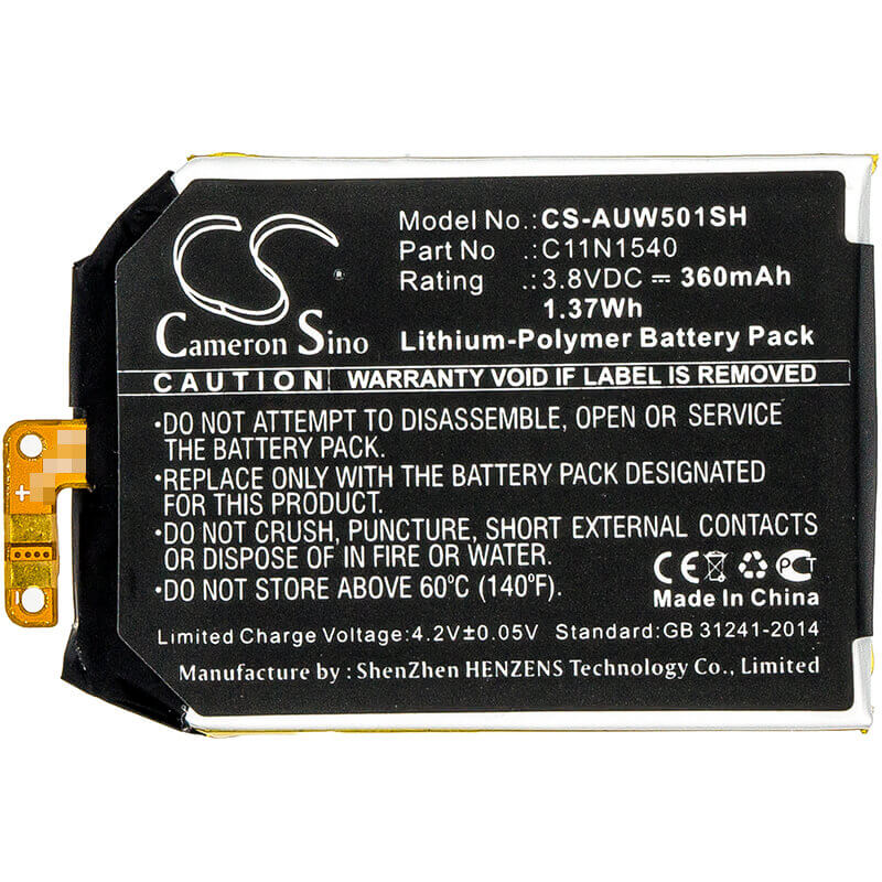 3.8V, Li-Polymer, 360mAh, Smartwatch battery fits Asus, 0b200-01630100, Wi501q, Wi501qf, 1.37Wh Smartwatch Cameron Sino Technology Limited
