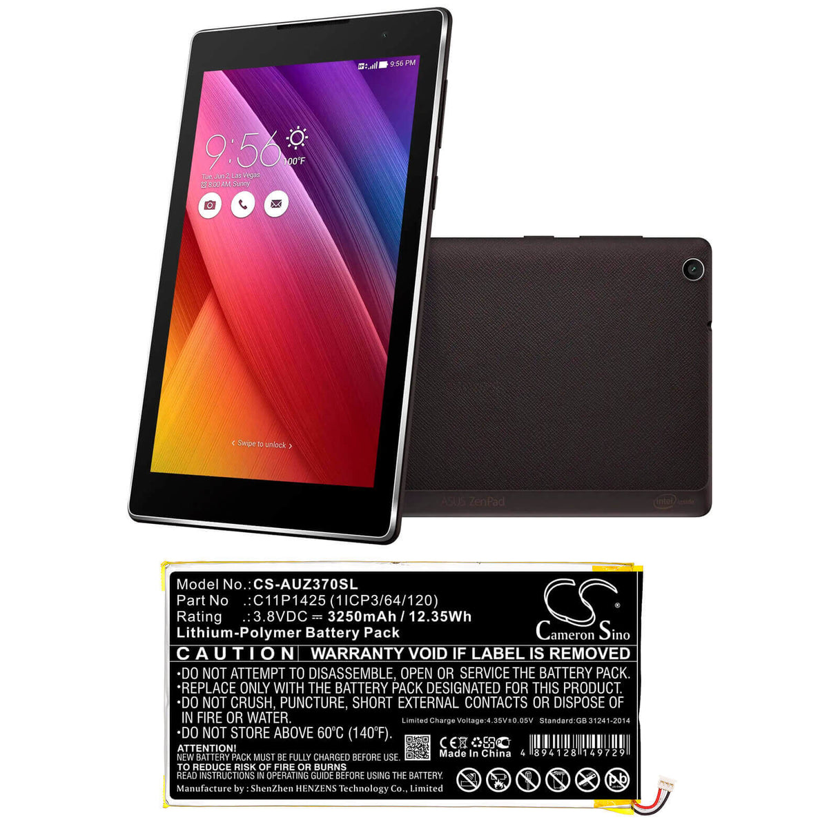 3.8V, Li-Polymer, 3250mAh, Batterie pour tablette compatible Asus, 0b200-01510100, M700c, M700kl 1a, 12.35Wh Tablet Cameron Sino Technology Limited