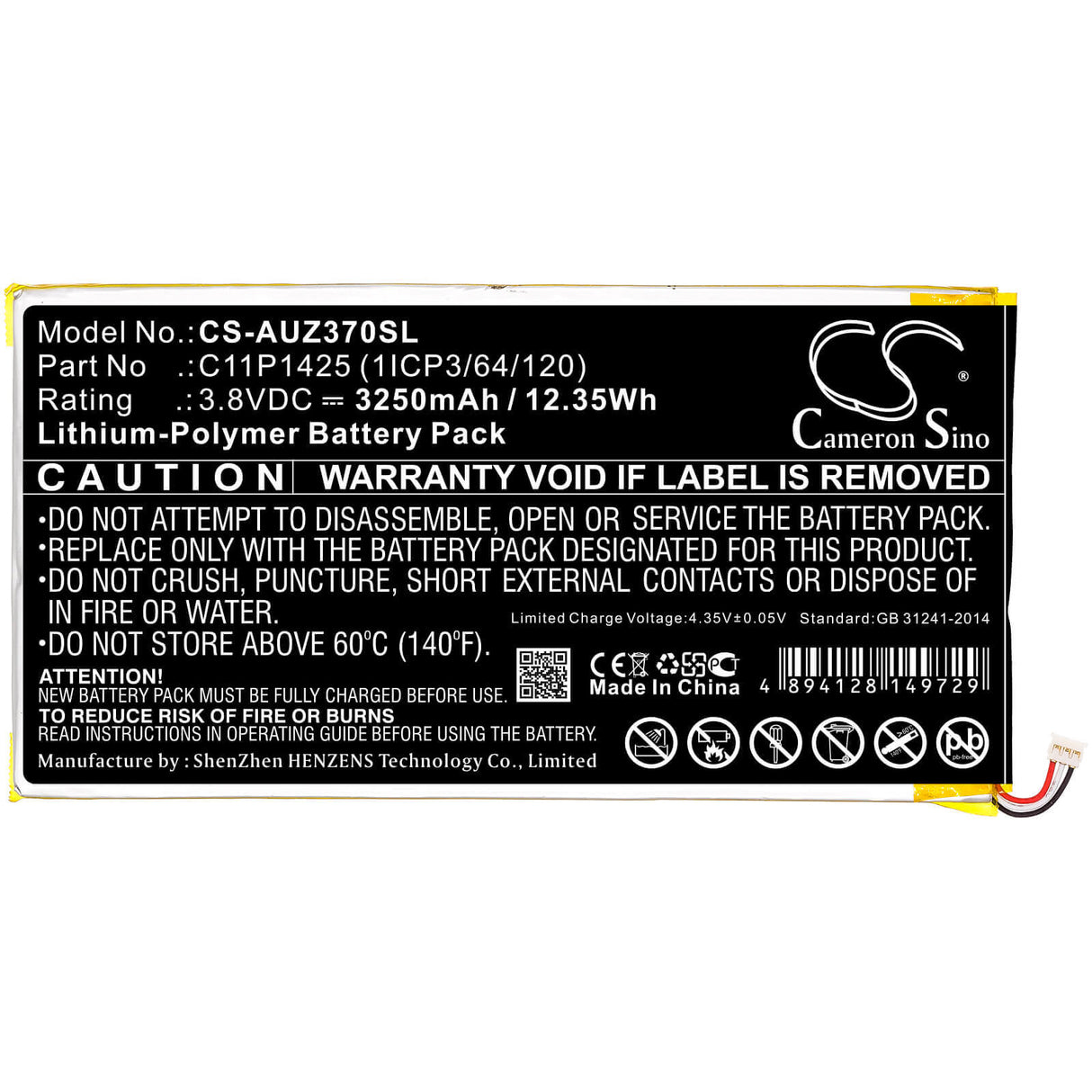 3.8V, Li-Polymer, 3250mAh, Batterie pour tablette compatible Asus, 0b200-01510100, M700c, M700kl 1a, 12.35Wh Tablet Cameron Sino Technology Limited