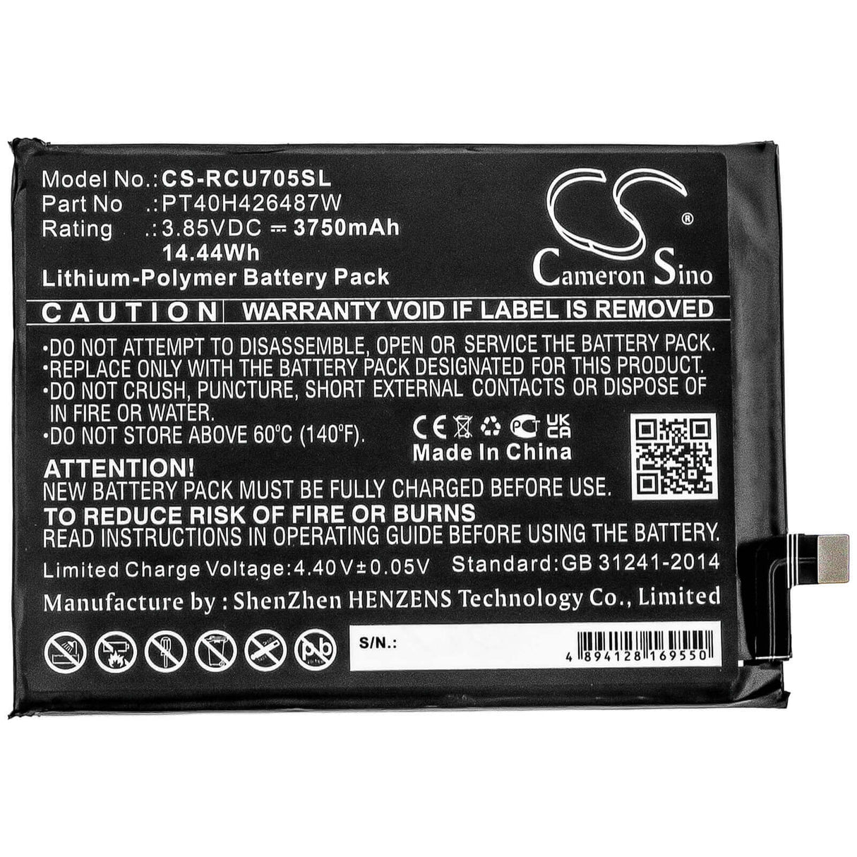 3,85V, Li-Polymère, 3750mAh, batterie de smartphone compatible avec Cricket, At&t, Pt40h426487w, Radiant Max, U705aa, 14,44Wh Mobile, Smartphone Cameron Sino Technology Limited (Smartphone)