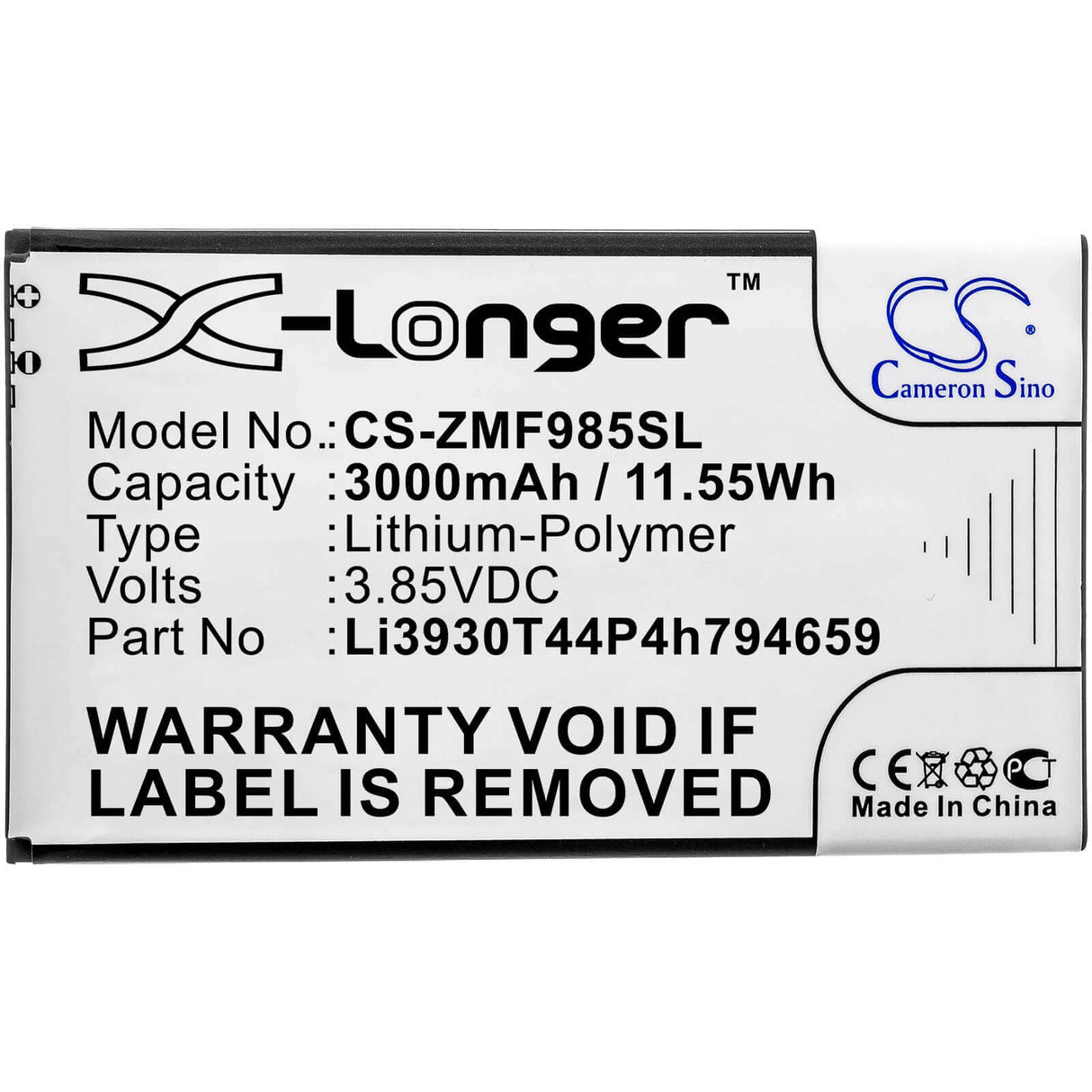 3.85V, Li-Polymer, 3000mAh, Hotspot battery fits At&t, Zte, Li3930t44p4h794659, Velocity 2, 11.55Wh Hotspot Cameron Sino Technology Limited