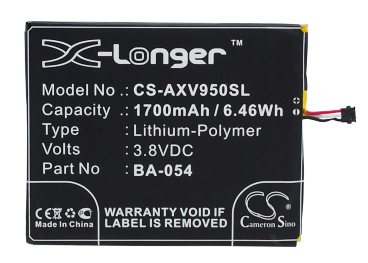 3.8V, Li-Polymer, 1700mAh, SmartPhone battery fits Aux, Ba-054, I7 Air, V950+, 6.46Wh Mobile, SmartPhone Cameron Sino Technology Limited (Suspended)