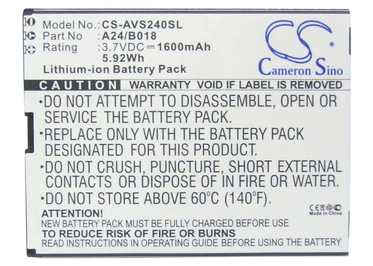 3.7V, Li-ion, 1600mAh, SmartPhone battery fits Avus, A24/b018, 24, A24, 5.92Wh Mobile, SmartPhone Cameron Sino Technology Limited (Suspended)