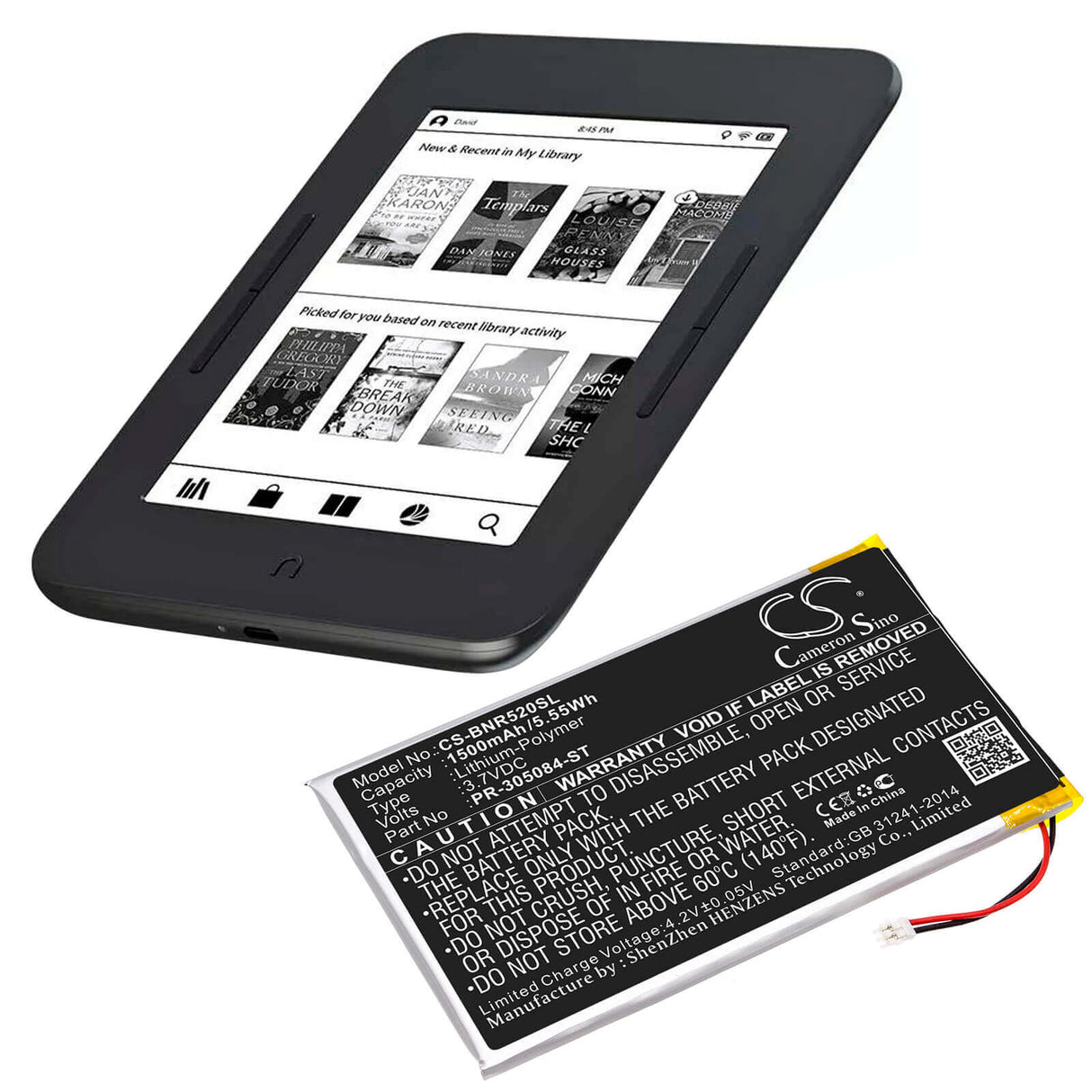 3.7V, Li-Polymer, 1500mAh, E-book, E-reader battery fits Barnes & Noble, Pr-305084-st, Bnrv520, Glowlight 3, 5.55Wh E-book, E-reader Cameron Sino Technology Limited