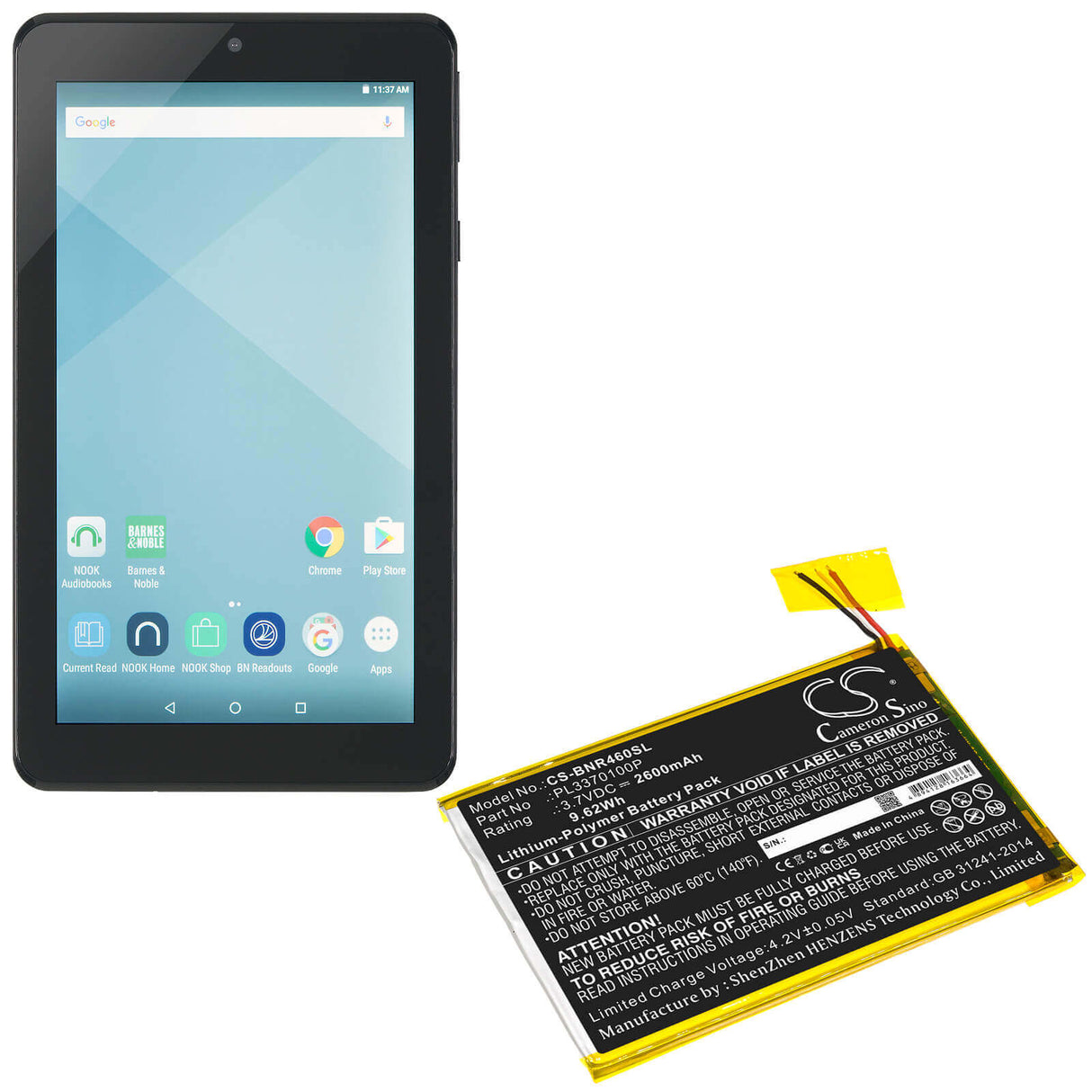 3.7V, Li-Polymer, 2600mAh, Tablet battery fits Barnes & Noble, Pl3370100p, Bntv450, Bntv460, 9.62Wh Tablet Cameron Sino Technology Limited