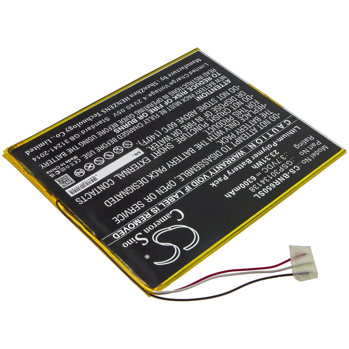 3.8V, Li-Polymer, 6300mAh, Tablet battery fits Barnes & Noble, Gsp30134138, Bntv650, Nook 10.1, 23.94Wh Tablet Cameron Sino Technology Limited