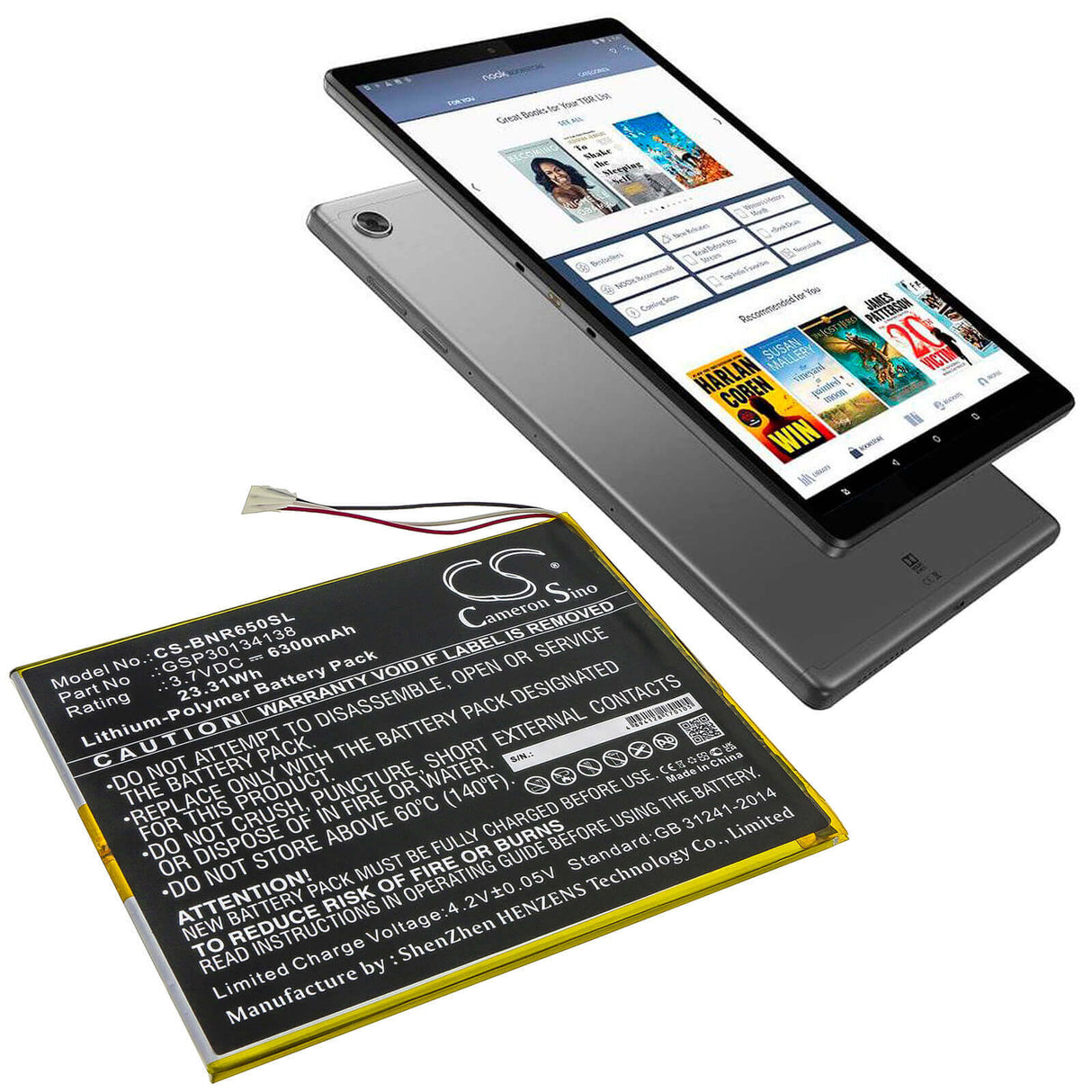 3.8V, Li-Polymer, 6300mAh, Tablet battery fits Barnes & Noble, Gsp30134138, Bntv650, Nook 10.1, 23.94Wh Tablet Cameron Sino Technology Limited