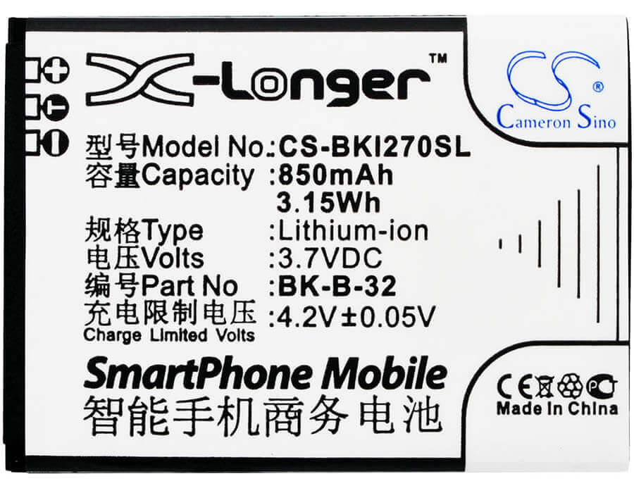 3.7V, Li-ion, 850mAH, SmartPhone battery fits Bbk, Bk-b-32, I18, I270, 3.15Wh Mobile, SmartPhone Cameron Sino Technology Limited (Suspended)