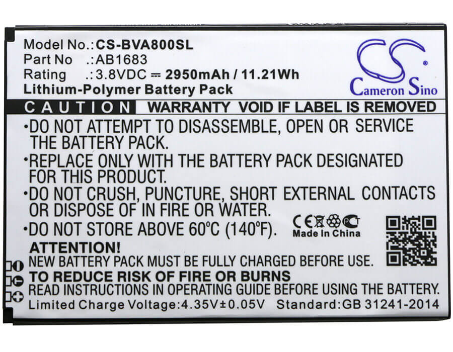 3.8V, Li-Polymer, 2950mAh, SmartPhone battery fits Blackview, Ab1683, A8 Max, 11.21Wh Mobile, SmartPhone Cameron Sino Technology Limited (Smartphone)