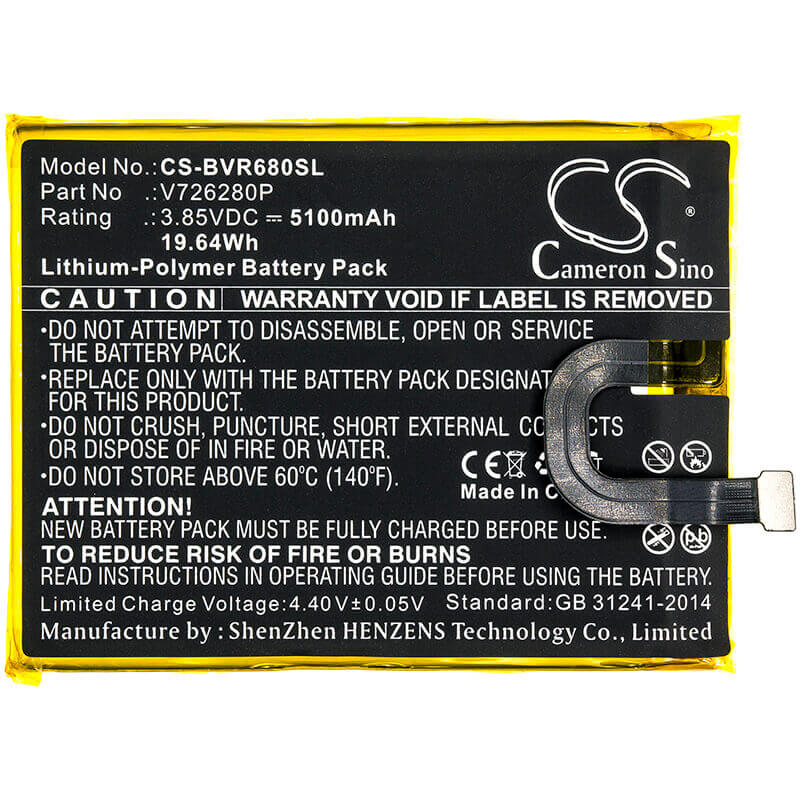3.85V, Li-Polymer, 5100mAh, SmartPhone battery fits Blackview, V726280p, Bv6800, 19.64Wh Mobile, SmartPhone Cameron Sino Technology Limited (Smartphone)