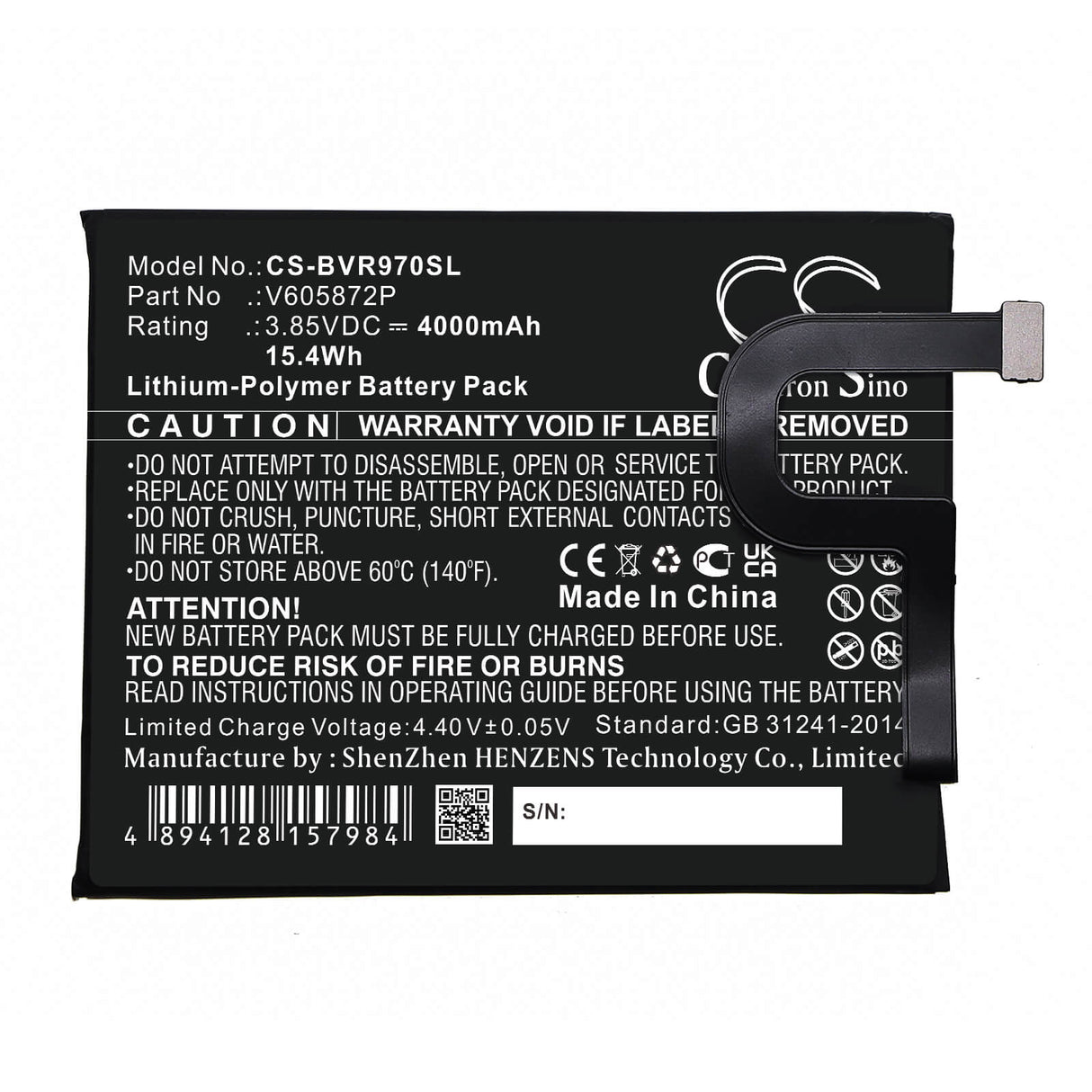 3.85V, Li-Polymer, 4000mAh, SmartPhone battery fits Blackview, V605872p, Bv9700, 15.4Wh Mobile, SmartPhone Cameron Sino Technology Limited (Smartphone)