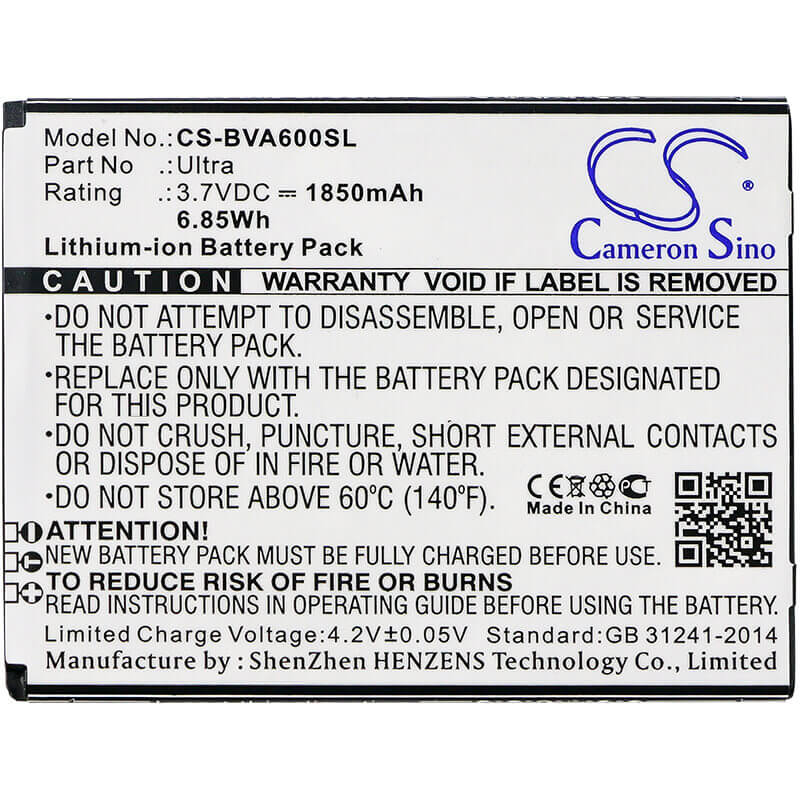 3.7V, Li-ion, 1850mAh, SmartPhone battery fits Blackview, Ultra, A6, Ultra, 6.85Wh Mobile, SmartPhone Cameron Sino Technology Limited (Smartphone)