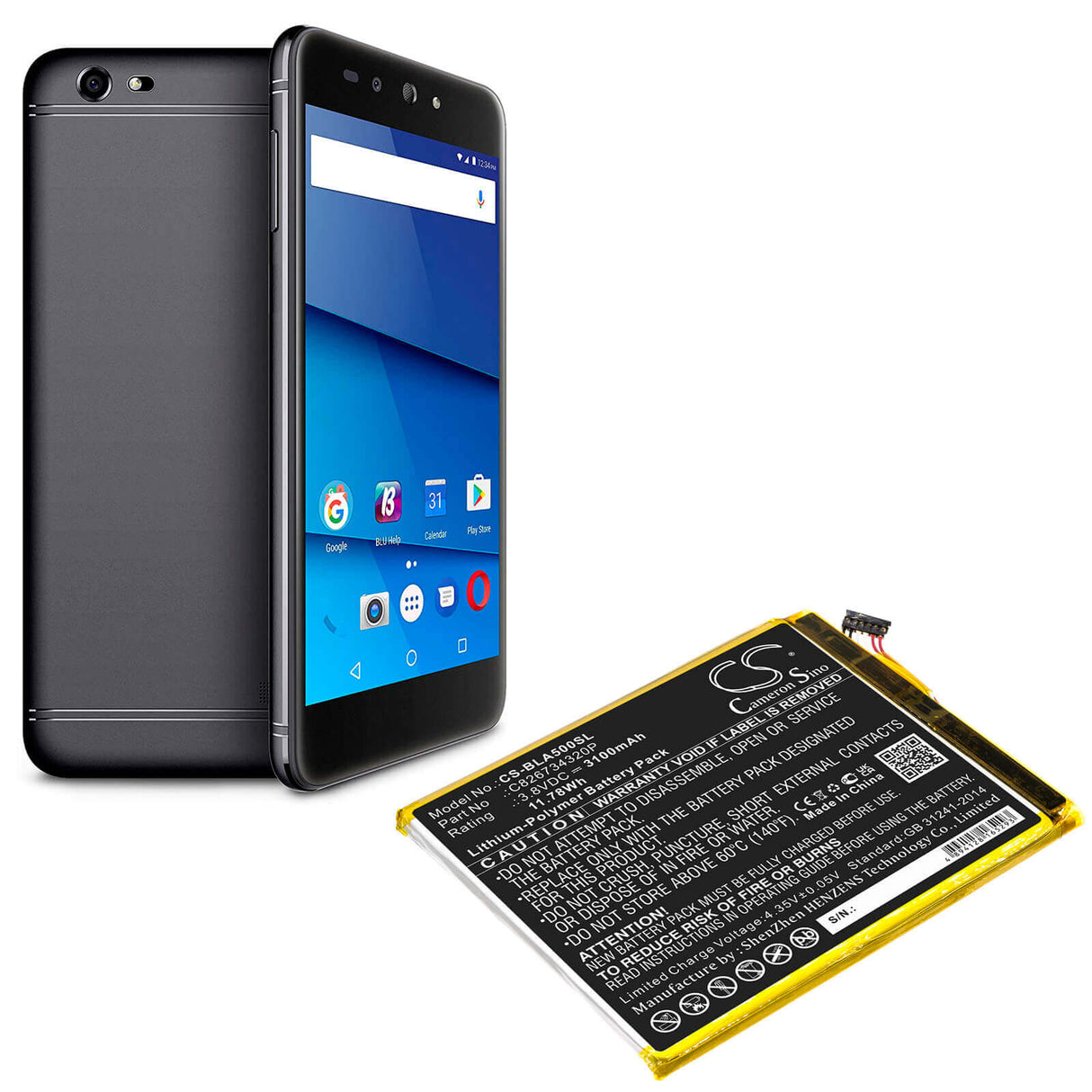 3.8V, Li-Polymer, 3100mAh, SmartPhone battery fits Blu, C826734320p, A0031ww, Advance A5 Plus Lte, 11.78Wh Mobile, SmartPhone Cameron Sino Technology Limited (Smartphone)