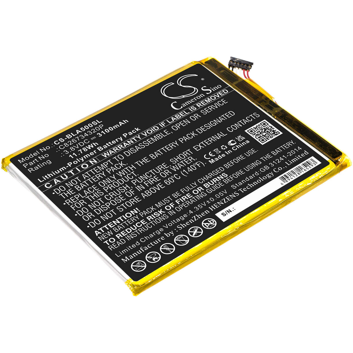 3.8V, Li-Polymer, 3100mAh, SmartPhone battery fits Blu, C826734320p, A0031ww, Advance A5 Plus Lte, 11.78Wh Mobile, SmartPhone Cameron Sino Technology Limited (Smartphone)