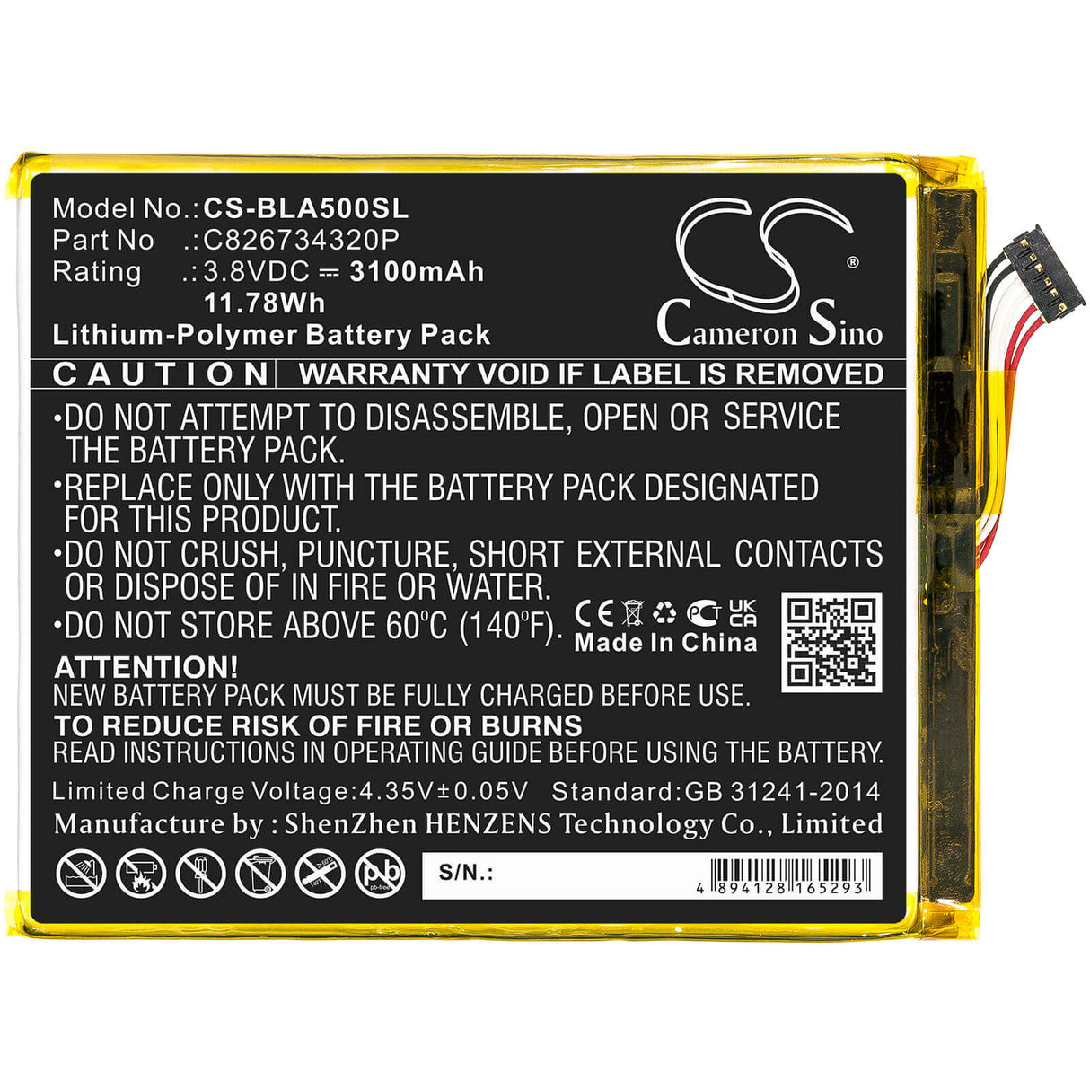 3.8V, Li-Polymer, 3100mAh, SmartPhone battery fits Blu, C826734320p, A0031ww, Advance A5 Plus Lte, 11.78Wh Mobile, SmartPhone Cameron Sino Technology Limited (Smartphone)