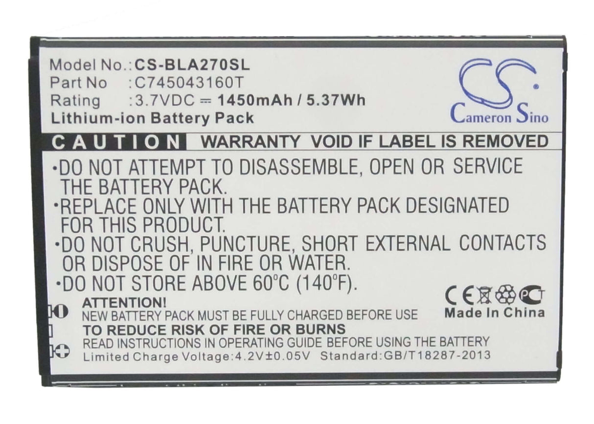3.7V, Li-ion, 1450mAh, SmartPhone battery fits Blu, C745043160t, A270, A270a, 5.37Wh Mobile, SmartPhone Cameron Sino Technology Limited (Smartphone)