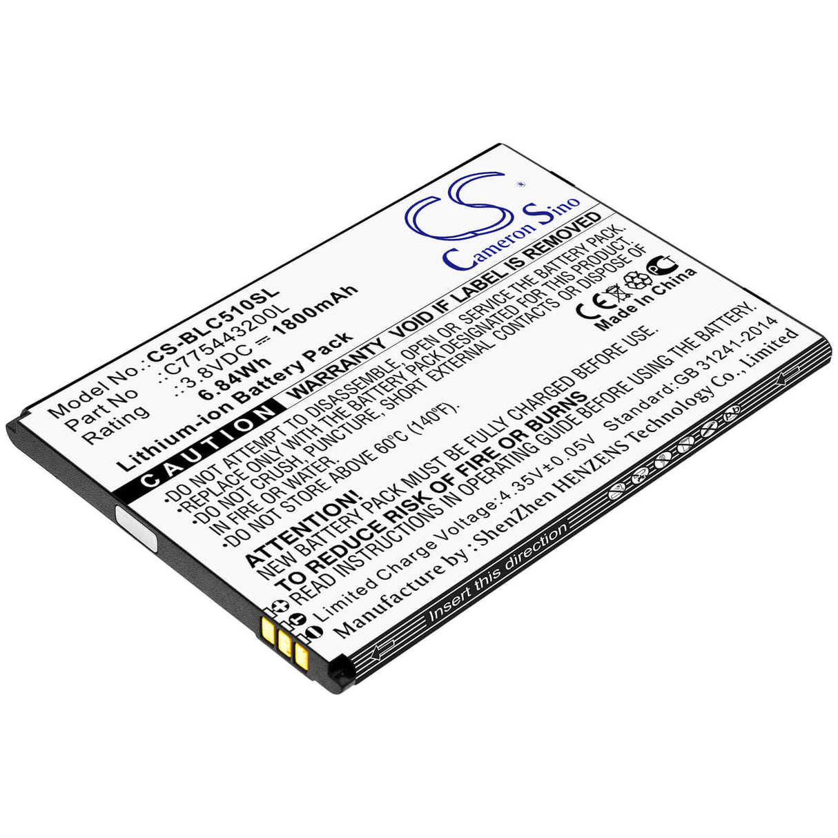 3.8V, Li-ion, 1800mAh, SmartPhone battery fits Blu, C775443200l, C050, C110l, 6.84Wh Mobile, SmartPhone Cameron Sino Technology Limited (Smartphone)