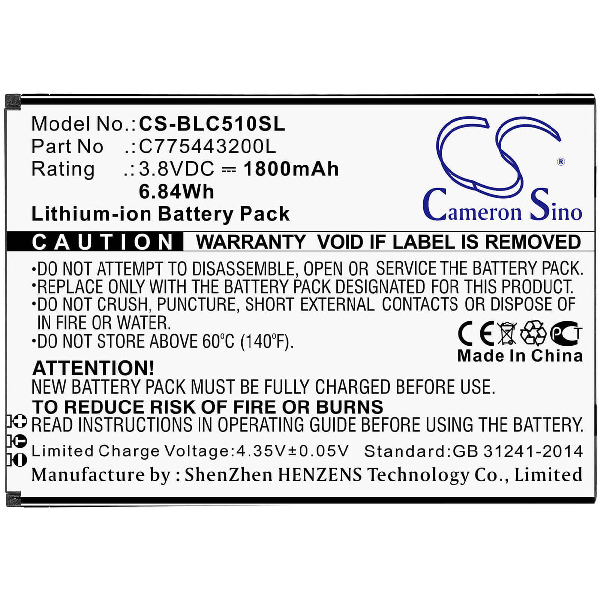 3.8V, Li-ion, 1800mAh, SmartPhone battery fits Blu, C775443200l, C050, C110l, 6.84Wh Mobile, SmartPhone Cameron Sino Technology Limited (Smartphone)