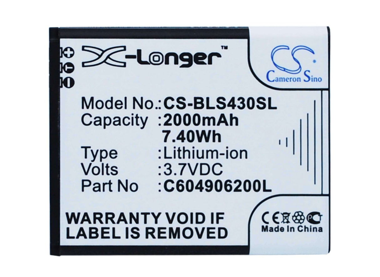 3.7V, Li-ion, 2000mAh, SmartPhone battery fits Blu, C604905200t, D310, Dash 4.5, 7.4Wh Mobile, SmartPhone Cameron Sino Technology Limited (Smartphone)
