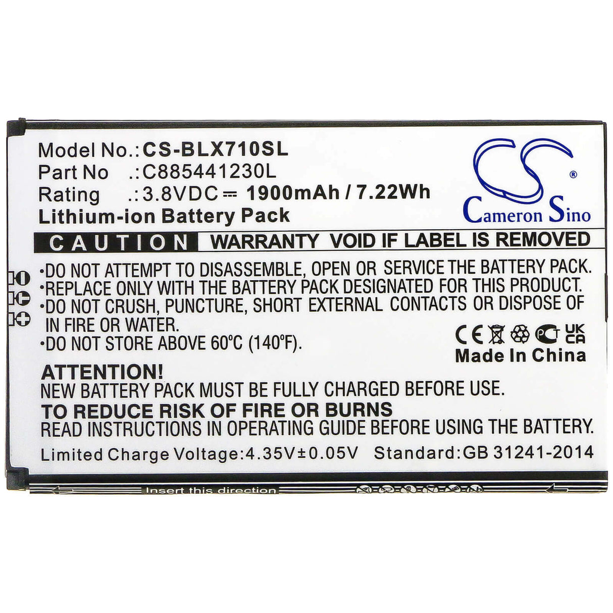 3.8V, Li-ion, 1900mAh, SmartPhone battery fits Blu, C885441230l, D710l, D710u, 7.22Wh Mobile, SmartPhone Cameron Sino Technology Limited (Smartphone)