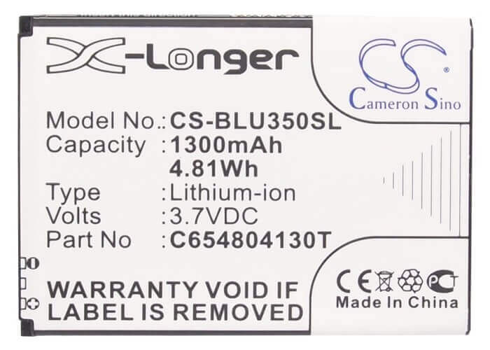 3.7V, Li-ion, 1300mAH, SmartPhone battery fits Blu, C654804130t, D170, Dash 3.5, 4.81Wh Mobile, SmartPhone Cameron Sino Technology Limited (Smartphone)