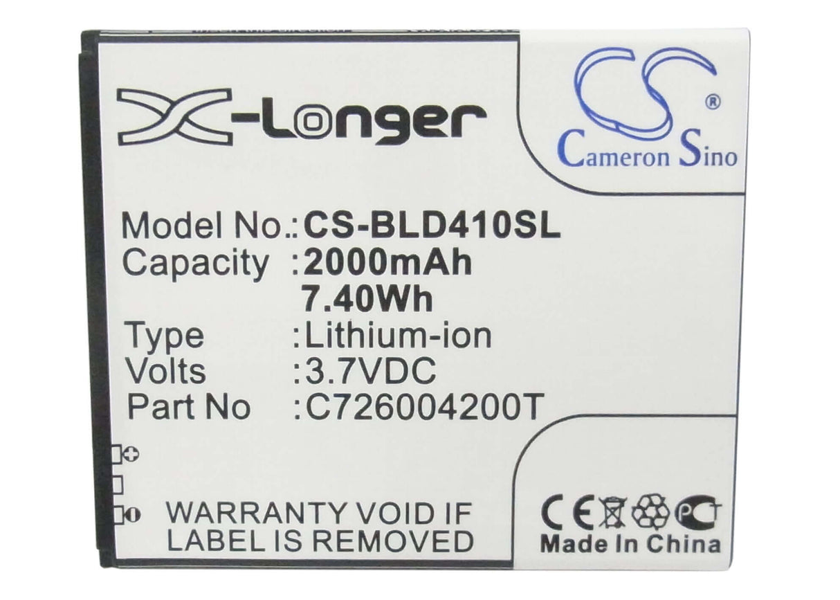 3.7V, Li-ion, 2000mAh, SmartPhone battery fits Blu, C726004200t, D410, D410a, 7.4Wh Mobile, SmartPhone Cameron Sino Technology Limited (Smartphone)