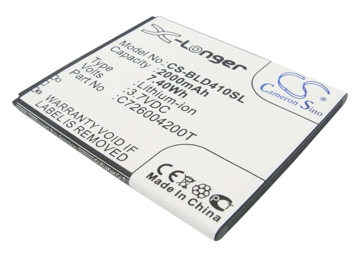 3.7V, Li-ion, 2000mAh, SmartPhone battery fits Blu, C726004200t, D410, D410a, 7.4Wh Mobile, SmartPhone Cameron Sino Technology Limited (Smartphone)