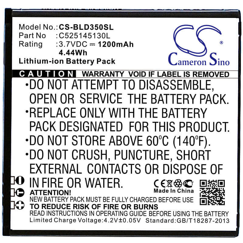 3.7V, Li-ion, 1200mAh, SmartPhone battery fits Blu, C525145130l, A010l, A010u, 4.44Wh Mobile, SmartPhone Cameron Sino Technology Limited (Smartphone)