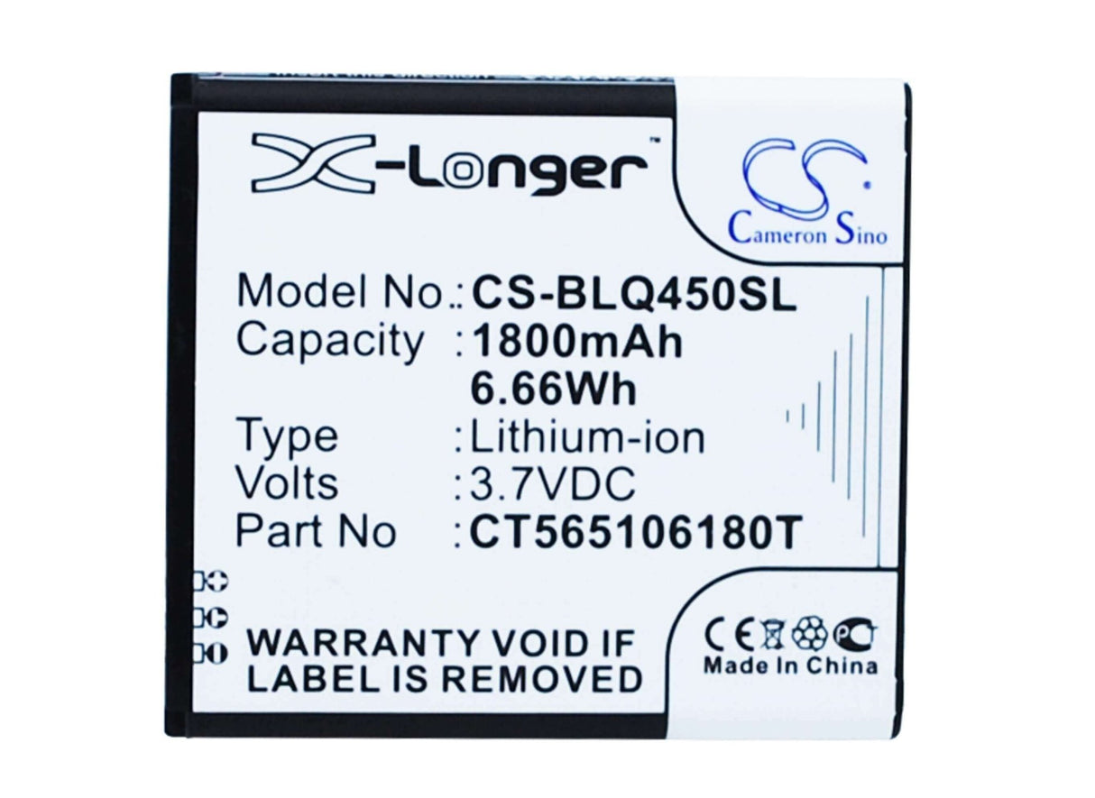 3.7V, Li-ion, 1800mAh, SmartPhone battery fits Blu, Ct565106180t, Quattro 4.5, 6.66Wh Mobile, SmartPhone Cameron Sino Technology Limited (Smartphone)