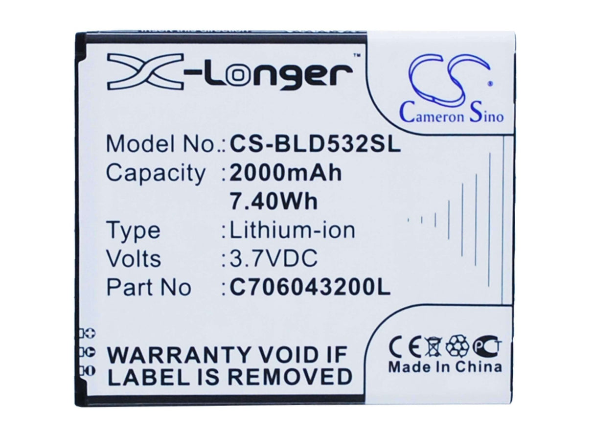 3.7V, Li-ion, 2000mAh, batterie de smartphone compatible Blu, C706043200l, D532, D532u, 7.4Wh Mobile, Smartphone Cameron Sino Technology Limited (Smartphone)