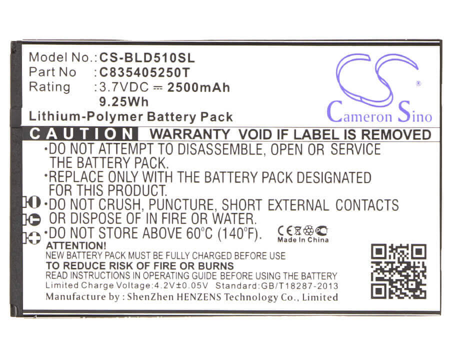 3.7V, Li-Polymer, 2500mAh, SmartPhone battery fits Blu, C835405250t, Studio 5.3, Studio D510, 9.25Wh Mobile, SmartPhone Cameron Sino Technology Limited (Suspended)