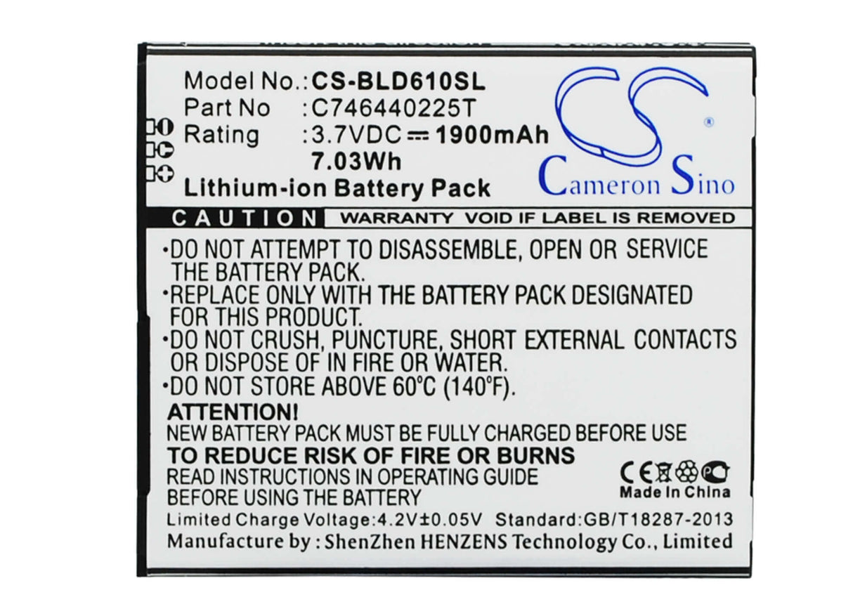 3.7V, Li-ion, 1900mAh, SmartPhone battery fits Blu, C746440225t, D610, D610a, 7.03Wh Mobile, SmartPhone Cameron Sino Technology Limited (Smartphone)