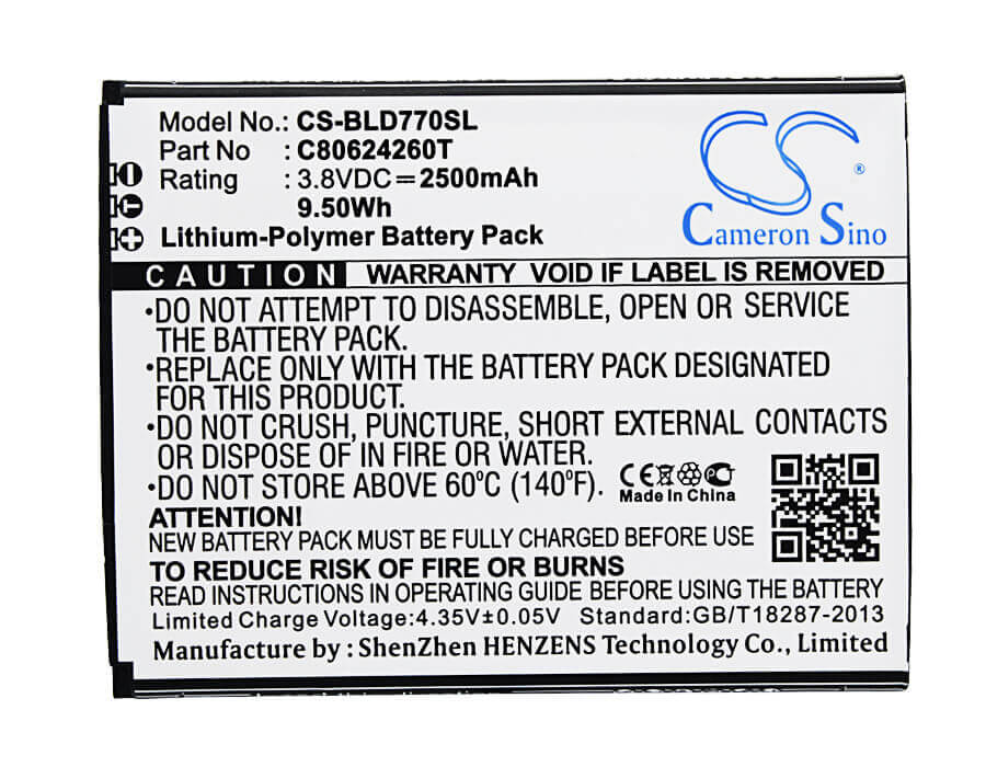 3.8V, Li-Polymer, 2500mAh, SmartPhone battery fits Blu, C80624260t, D770u, Studio X Plus, 9.5Wh Mobile, SmartPhone Cameron Sino Technology Limited (Smartphone)