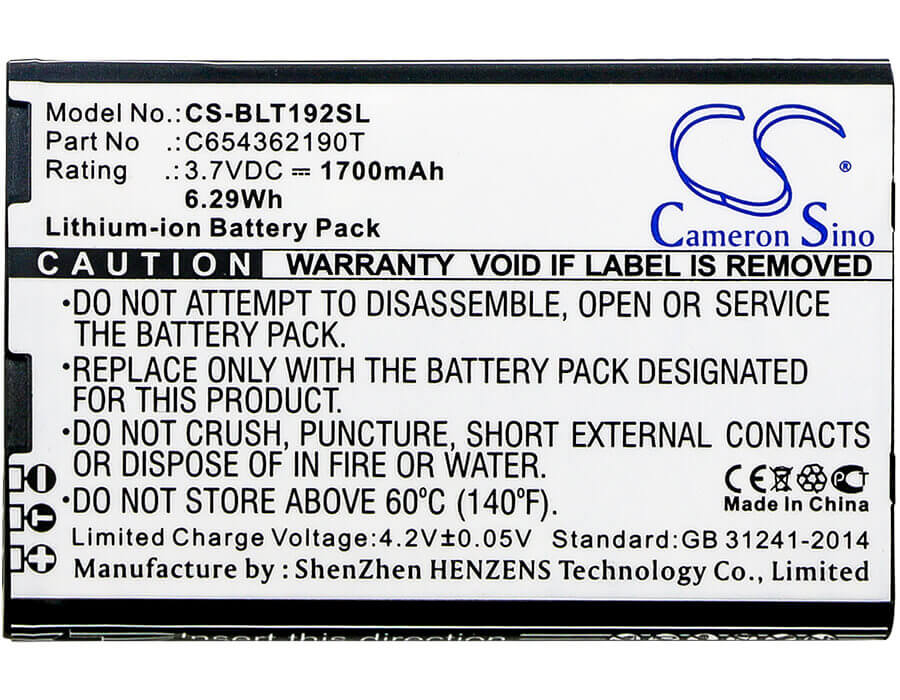 3.7V, Li-ion, 1700mAh, SmartPhone battery fits Blu, C654362190t, T192, Tank Li, 6.29Wh Mobile, SmartPhone Cameron Sino Technology Limited (Smartphone)