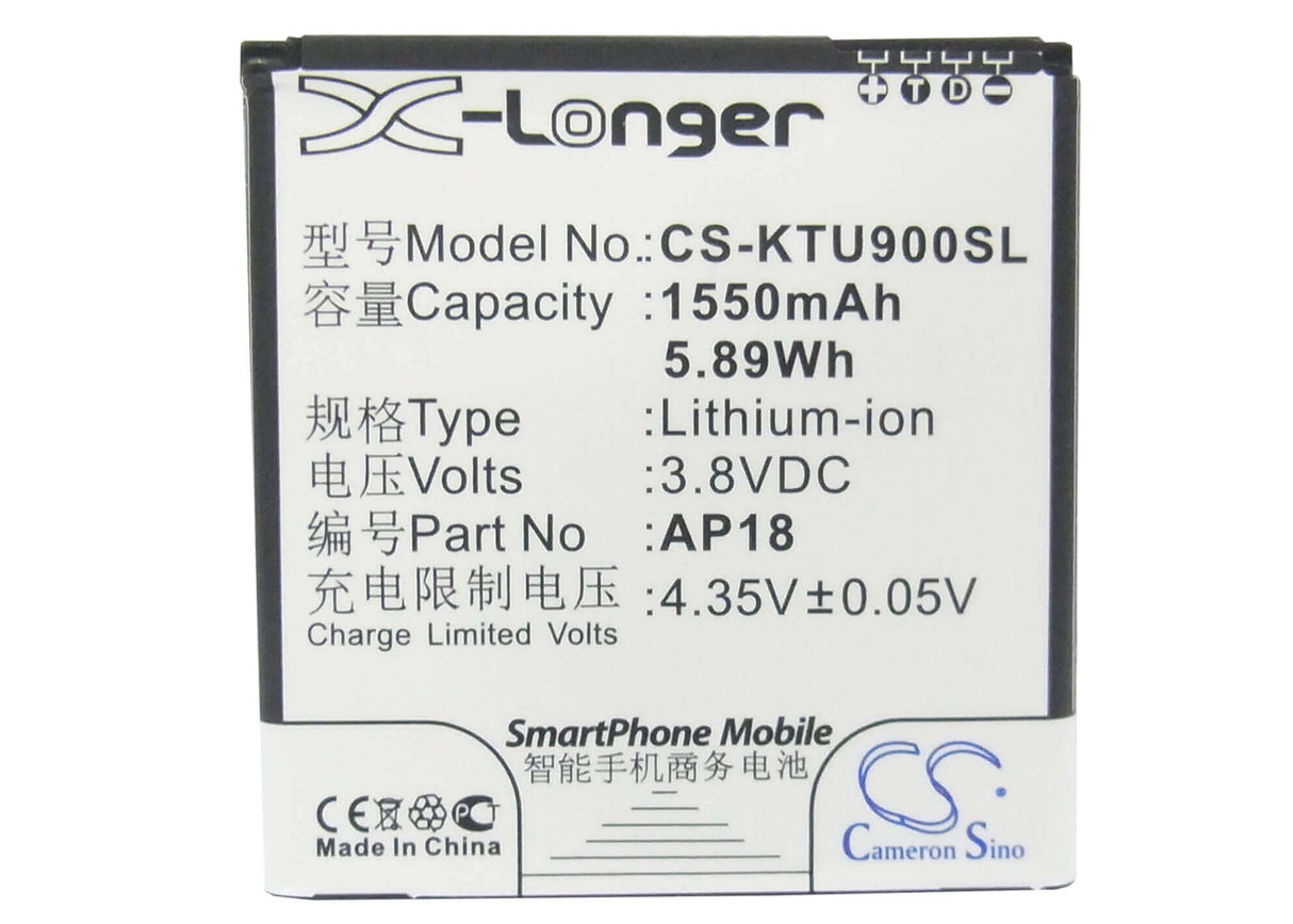 3.8V, Li-ion, 1550mAh, SmartPhone battery fits Blu, K-touch, Ap18, Tank 4.5, 5.89Wh Mobile, SmartPhone Cameron Sino Technology Limited (Smartphone)
