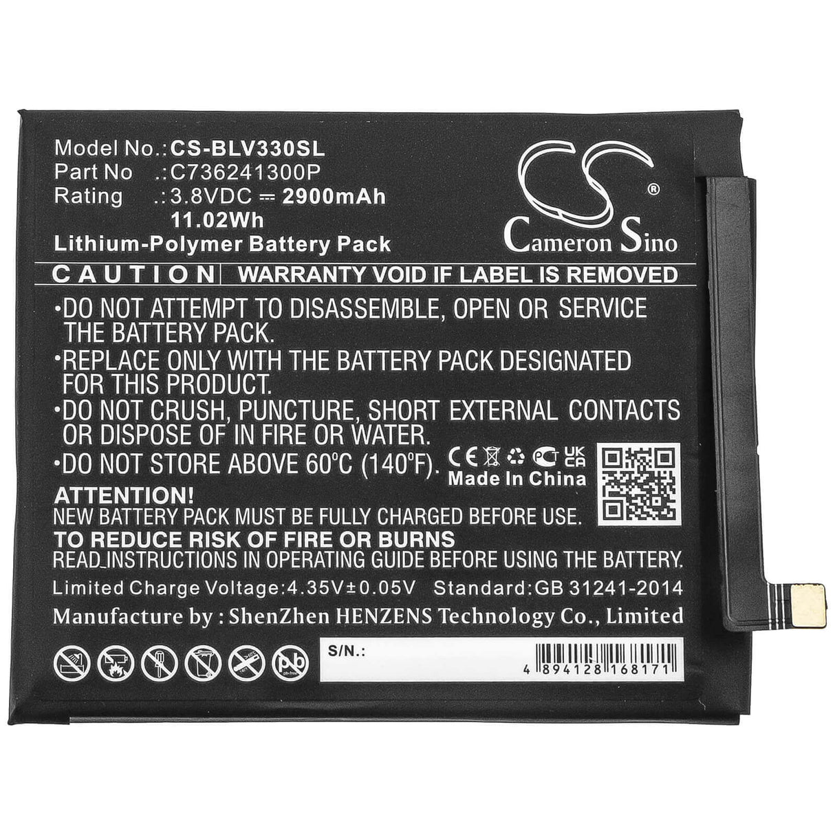 3.8V, Li-Polymer, 2900mAh, SmartPhone battery fits Blu, C736241300p, V0320vv, V0330ww, 11.02Wh Mobile, SmartPhone Cameron Sino Technology Limited (Smartphone)