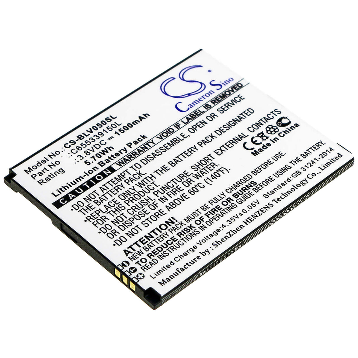3.8V, Li-ion, 1500mAh, SmartPhone battery fits Blu, C655339150l, V050, Vivo 5 Mini, 5.7Wh Mobile, SmartPhone Cameron Sino Technology Limited (Smartphone)