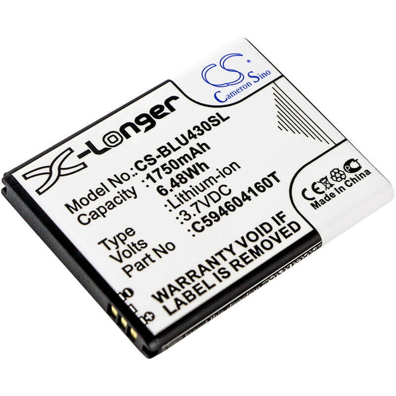 3.7V, Li-ion, 1750mAh, SmartPhone battery fits Blu, C594604160t, D910a, Vivo 4.3, 6.48Wh Mobile, SmartPhone Cameron Sino Technology Limited (Smartphone)