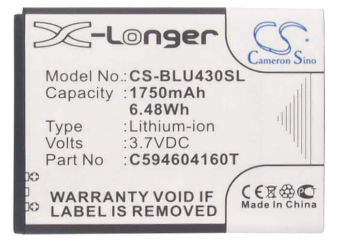 3.7V, Li-ion, 1750mAh, SmartPhone battery fits Blu, C594604160t, D910a, Vivo 4.3, 6.48Wh Mobile, SmartPhone Cameron Sino Technology Limited (Smartphone)