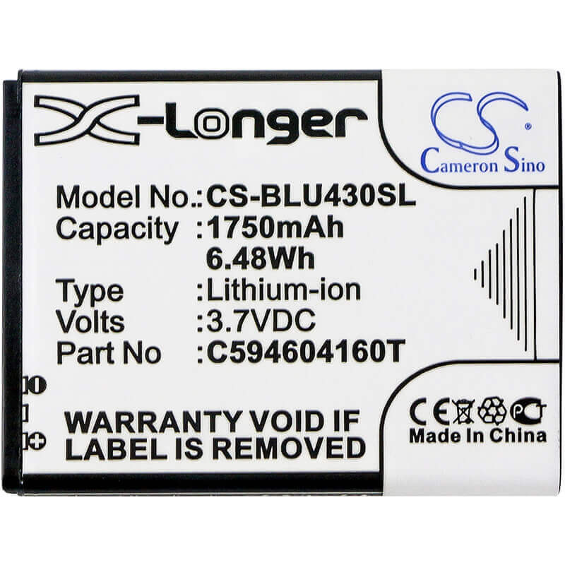 3.7V, Li-ion, 1750mAh, SmartPhone battery fits Blu, C594604160t, D910a, Vivo 4.3, 6.48Wh Mobile, SmartPhone Cameron Sino Technology Limited (Smartphone)